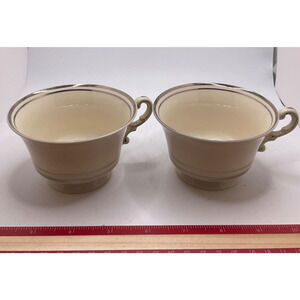 Set of 2 Mid-century Old Ivory Syracuse Teacups with Gold Stripes, 2.5in Tall